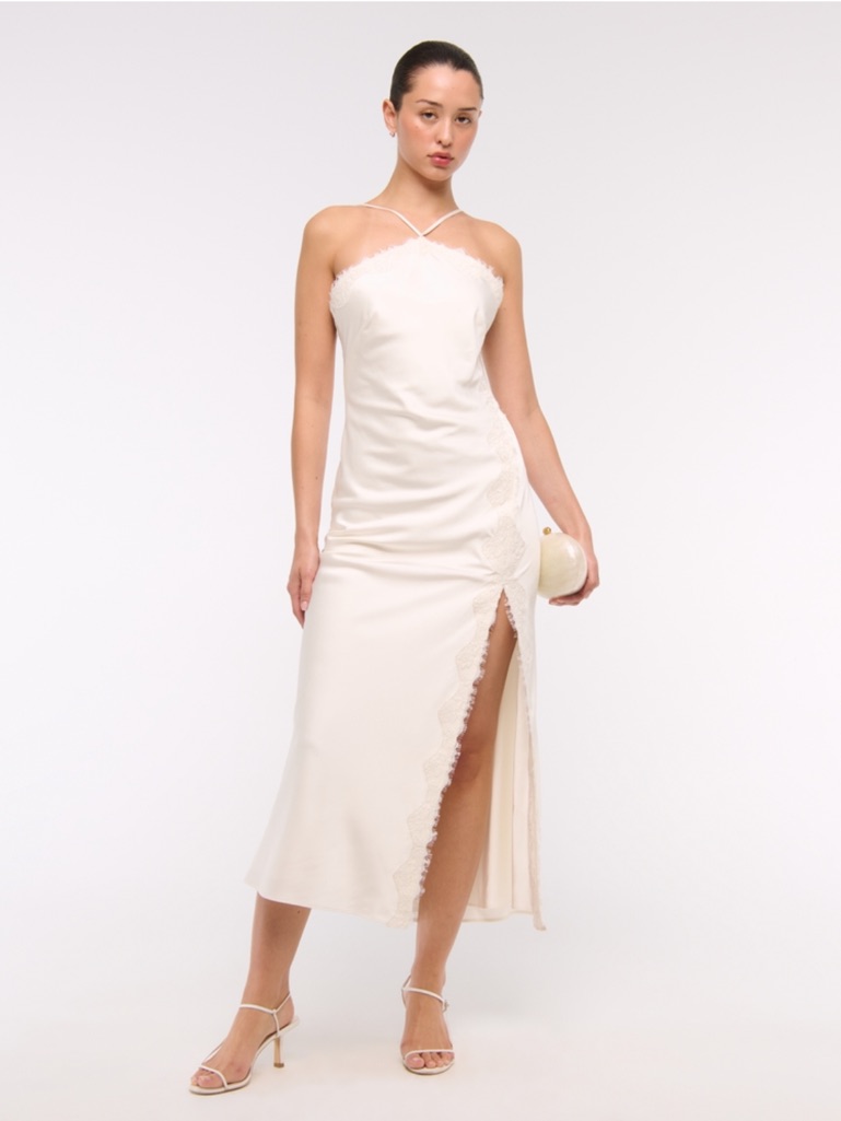 Abercrombie & Fitch Ivory Lace-Trim Midi Slip Dress